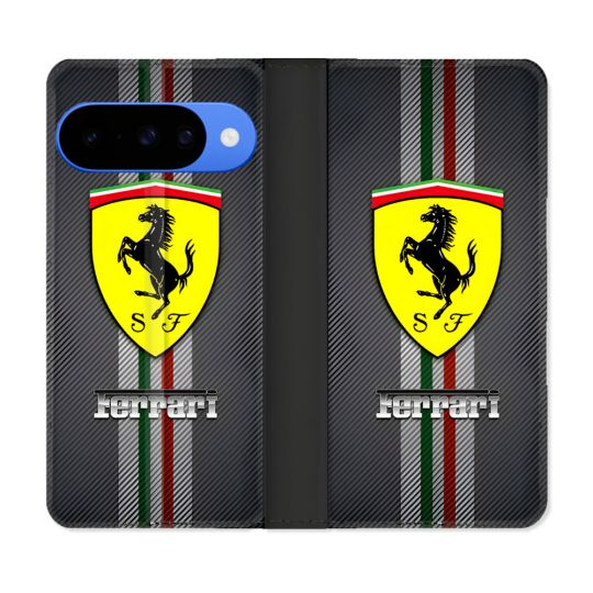 Housse cuir portefeuille Pour Google Pixel 10 Ferrari Carbone