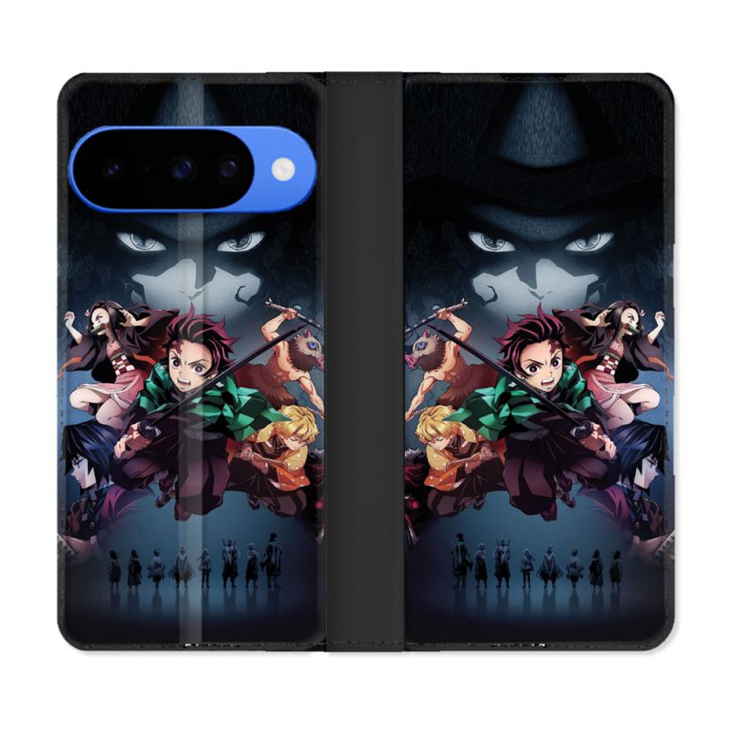 Housse cuir portefeuille Pour Google Pixel 10 Manga Demon Slayer Noir