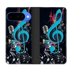 Housse cuir portefeuille Pour Google Pixel 10 Musique Cle Sol Bleu