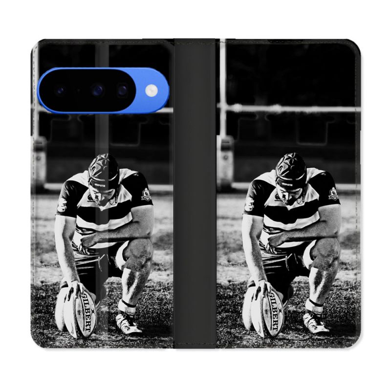 Housse cuir portefeuille Pour Google Pixel 10 Sport Rugby Noir Blanc