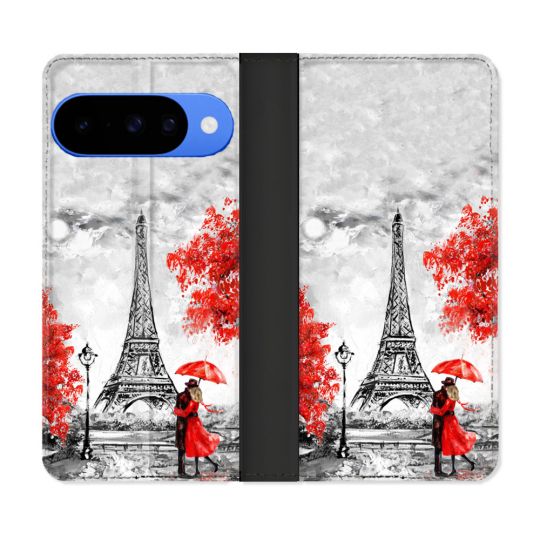 Housse cuir portefeuille Pour Google Pixel 10 Voyage France Paris Rouge