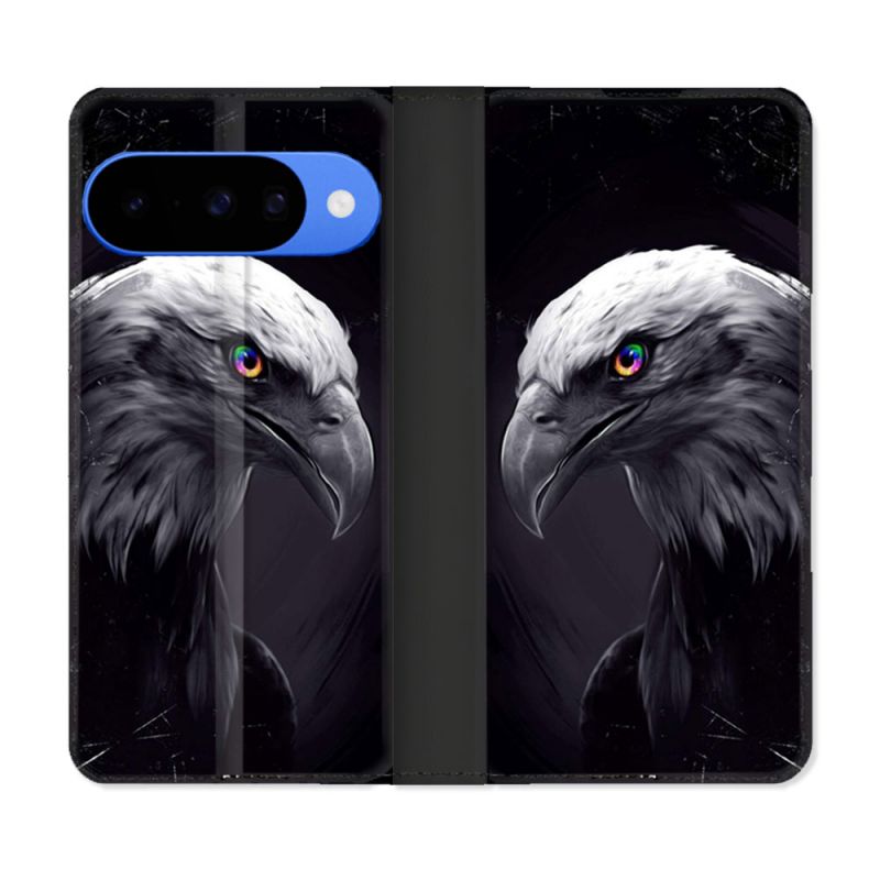 Housse cuir portefeuille Pour Google Pixel 10 Pro Animal Aigle Royal Noir