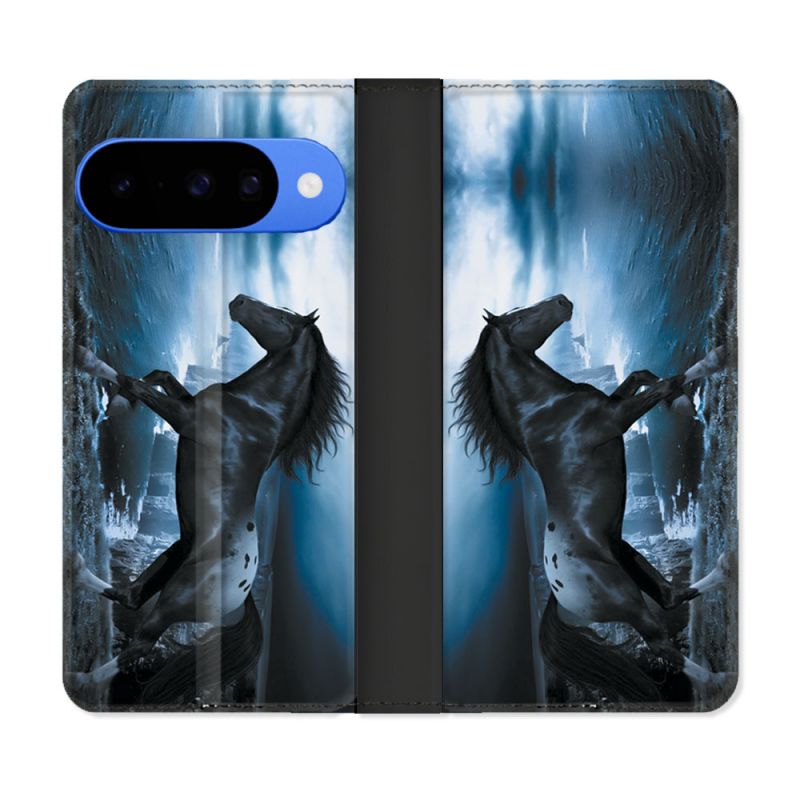 Housse cuir portefeuille Pour Google Pixel 10 Pro Animal Cheval Noir