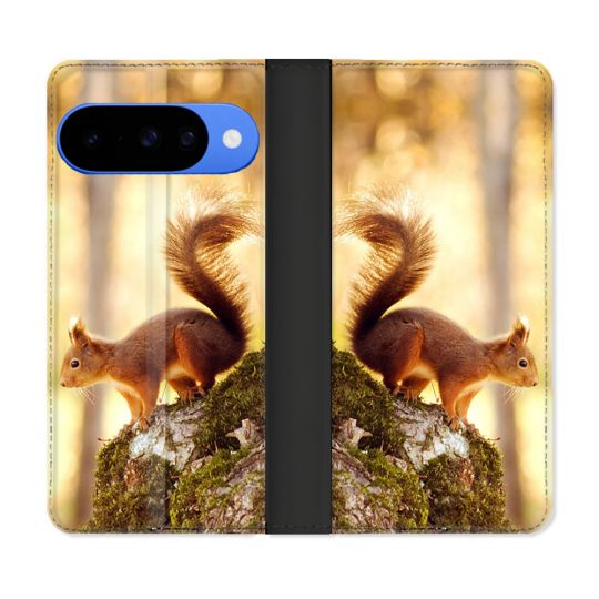 Housse cuir portefeuille Pour Google Pixel 10 Pro Animal Ecureuil Bois