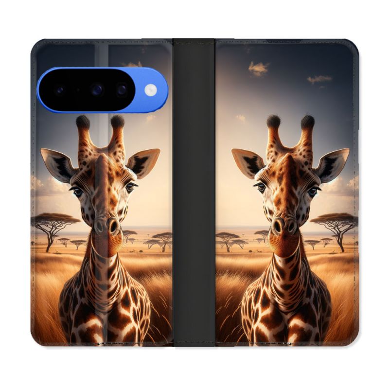 Housse cuir portefeuille Pour Google Pixel 10 Pro Animal Girafe Savane