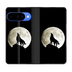 Housse cuir portefeuille Pour Google Pixel 10 Pro Animal Loup Noir