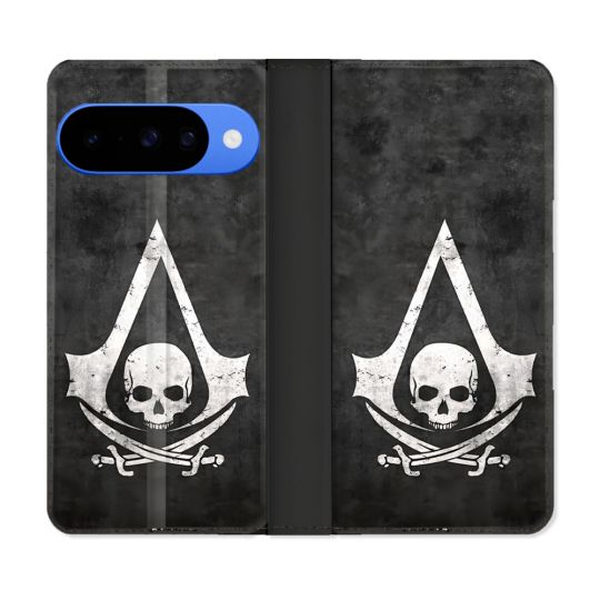 Housse cuir portefeuille Pour Google Pixel 10 Pro Assassin Creed Tete Mort