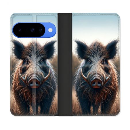 Housse cuir portefeuille Pour Google Pixel 10 Pro Chasse Sanglier Attaque