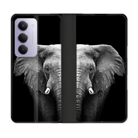 Housse cuir portefeuille Pour Xiaomi Redmi 15 4G Animal Elephant Noir