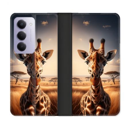 Housse cuir portefeuille Pour Xiaomi Redmi 15 4G Animal Girafe Savane