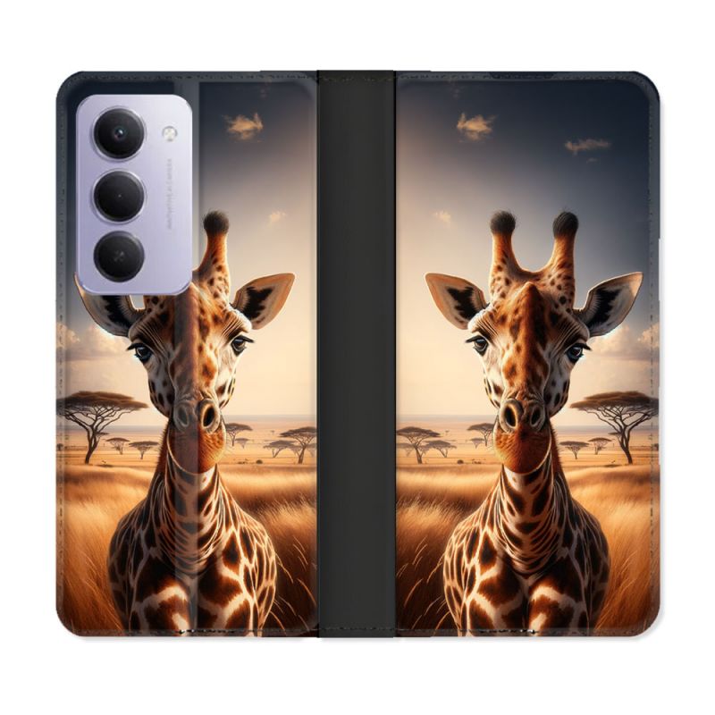 Housse cuir portefeuille Pour Xiaomi Redmi 15 4G Animal Girafe Savane