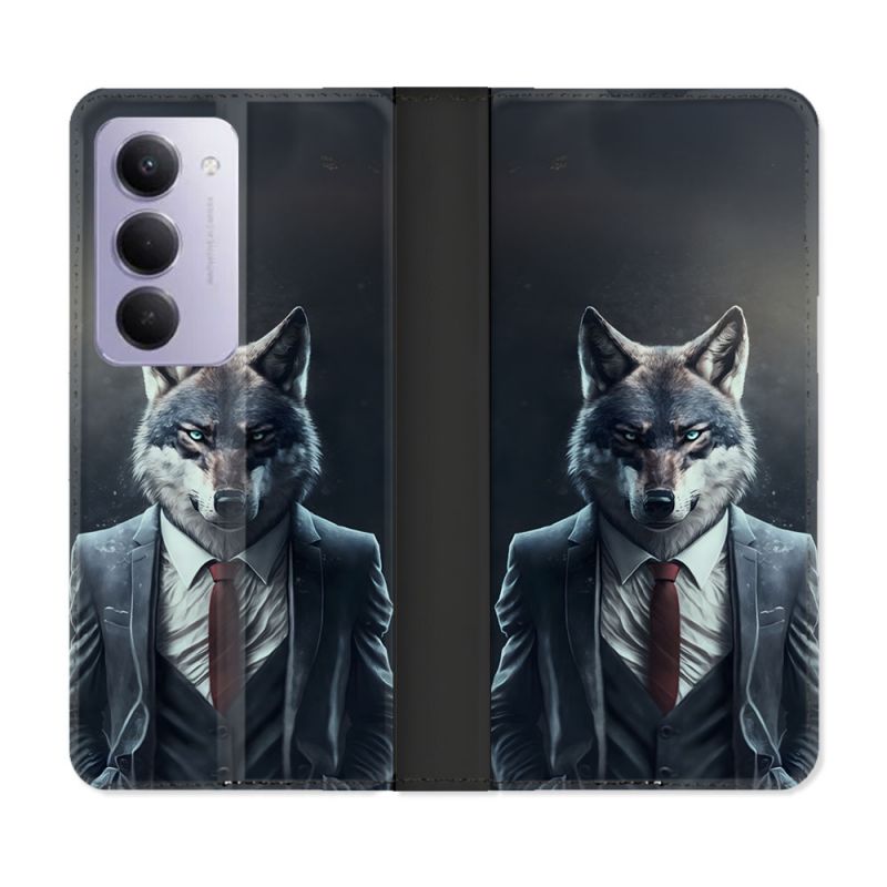 Housse cuir portefeuille Pour Xiaomi Redmi 15 4G Animal Loup Business