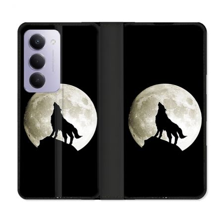 Housse cuir portefeuille Pour Xiaomi Redmi 15 4G Animal Loup Noir