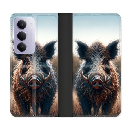 Housse cuir portefeuille Pour Xiaomi Redmi 15 4G Chasse Sanglier Attaque