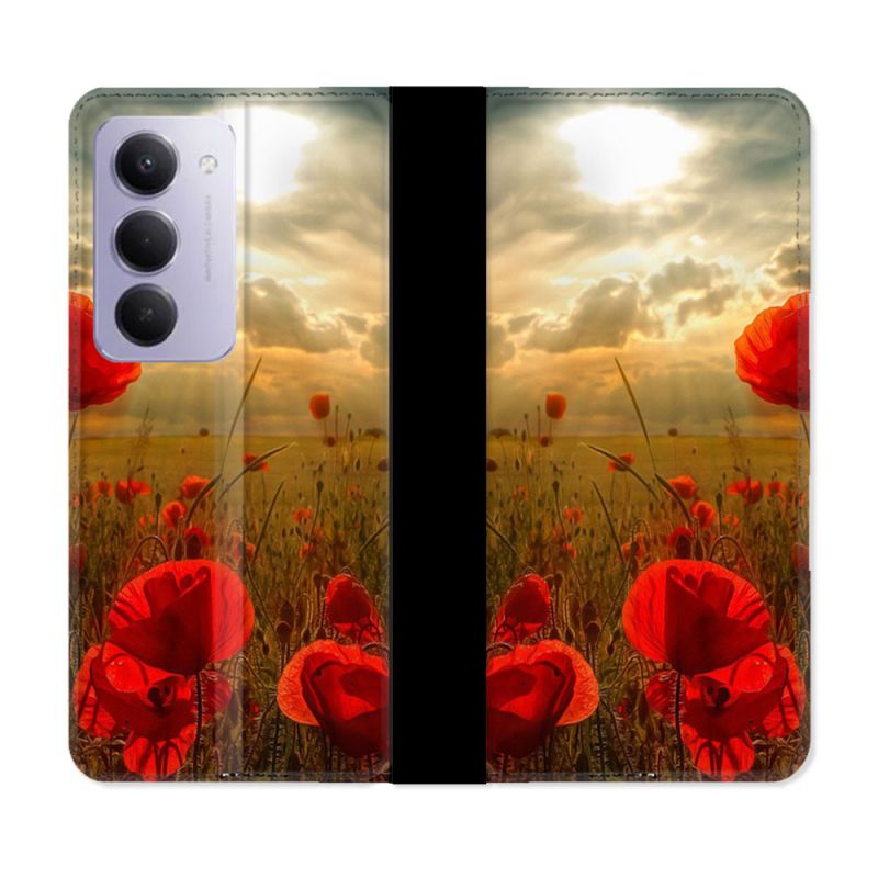 Housse cuir portefeuille Pour Xiaomi Redmi 15 4G Fleur Coquelicot