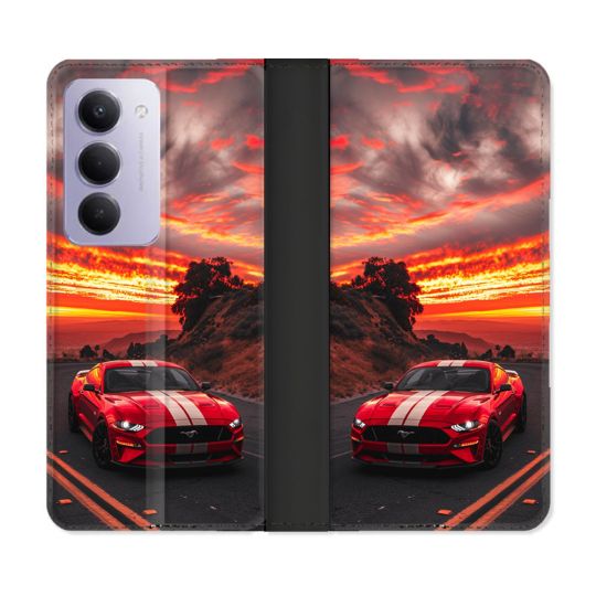Housse cuir portefeuille Pour Xiaomi Redmi 15 4G Ford Mustang GT500 Rouge