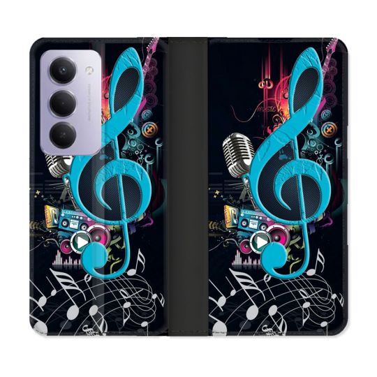 Housse cuir portefeuille Pour Xiaomi Redmi 15 4G Musique Cle Sol Bleu