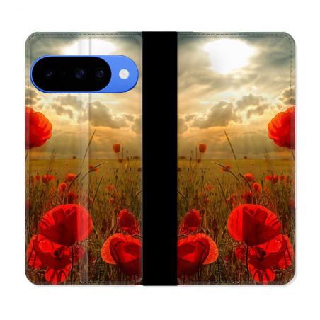 Housse cuir portefeuille Pour Google Pixel 10 Pro Fleur Coquelicot