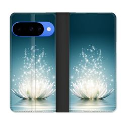 Housse cuir portefeuille Pour Google Pixel 10 Pro Fleur Lotus Blanc