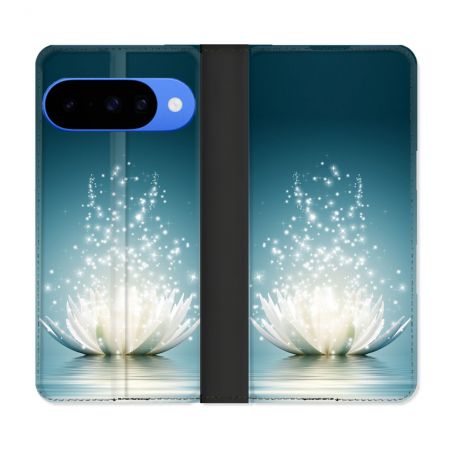 Housse cuir portefeuille Pour Google Pixel 10 Pro Fleur Lotus Blanc