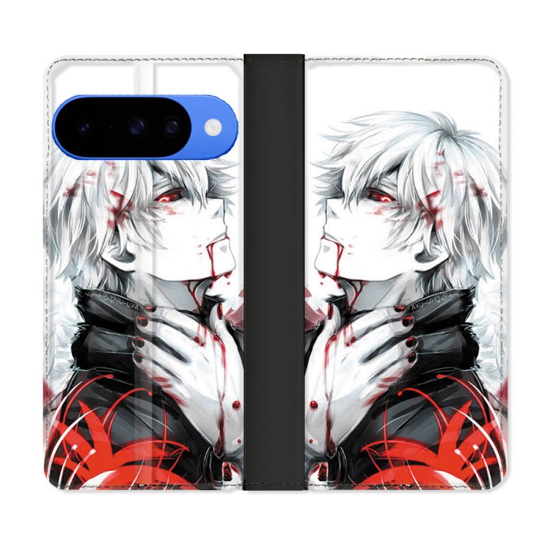 Housse cuir portefeuille Pour Google Pixel 10 Pro Manga Tokyo Ghoul Kaneki Blanc