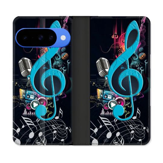 Housse cuir portefeuille Pour Google Pixel 10 Pro Musique Cle Sol Bleu