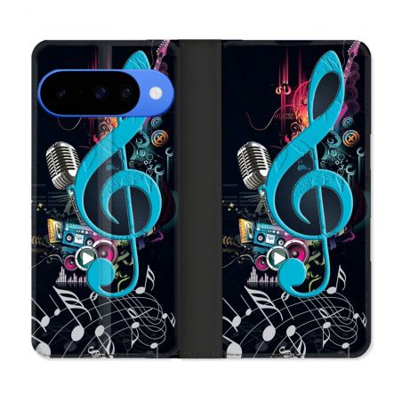 Housse cuir portefeuille Pour Google Pixel 10 Pro Musique Cle Sol Bleu
