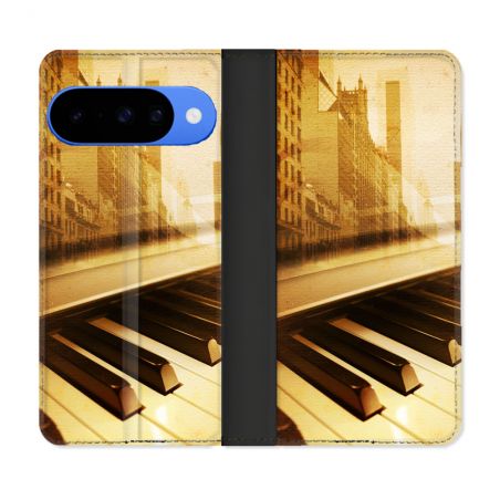 Housse cuir portefeuille Pour Google Pixel 10 Pro Musique Piano Retro