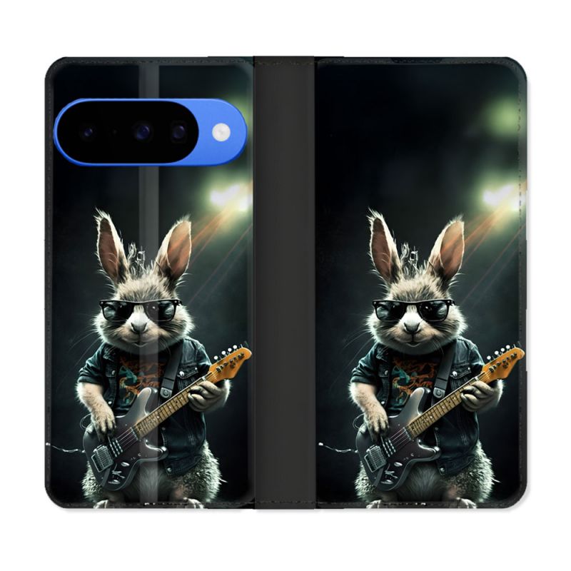 Housse cuir portefeuille Pour Google Pixel 10 Pro Musique Rock Lapin