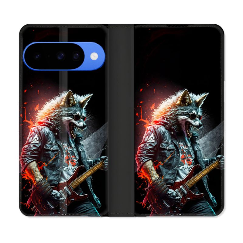 Housse cuir portefeuille Pour Google Pixel 10 Pro Musique Rock Loup