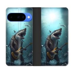 Housse cuir portefeuille Pour Google Pixel 10 Pro Musique Rock Requin