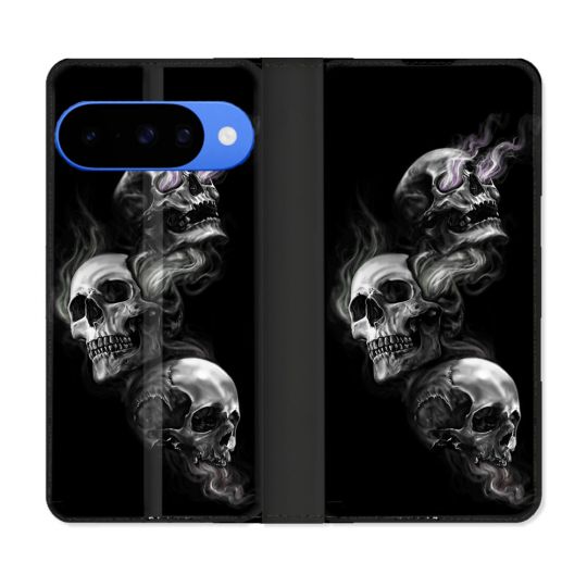 Housse cuir portefeuille Pour Google Pixel 10 Pro Tete de Mort Triple
