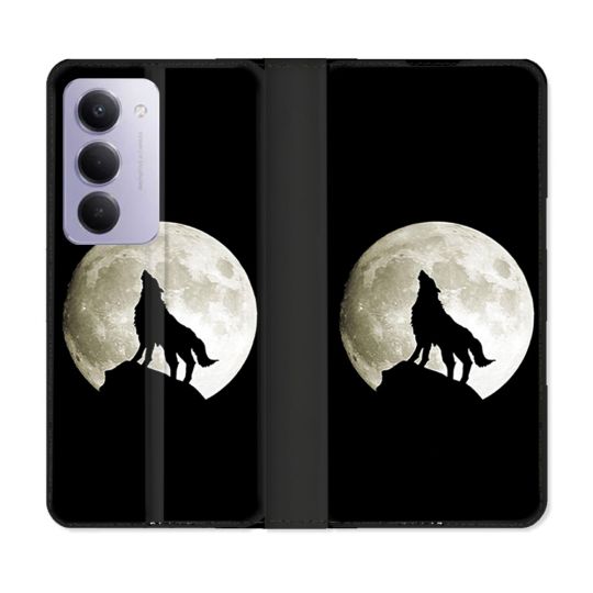 Housse cuir portefeuille Pour Xiaomi Redmi 15 5G Animal Loup Noir