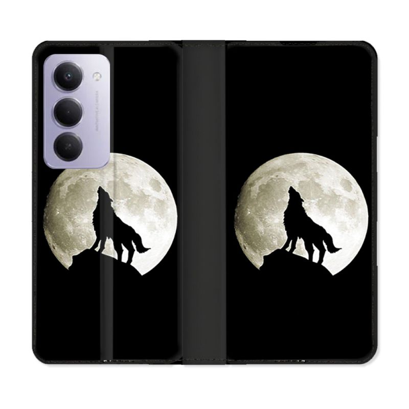 Housse cuir portefeuille Pour Xiaomi Redmi 15 5G Animal Loup Noir