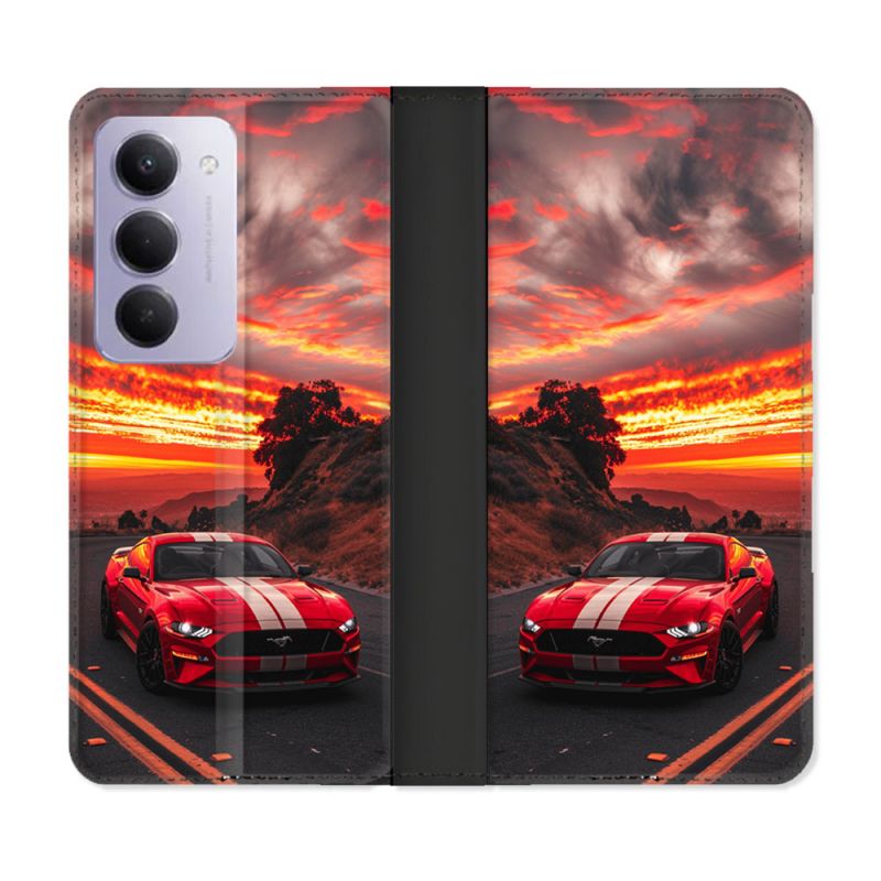 Housse cuir portefeuille Pour Xiaomi Redmi 15 5G Ford Mustang GT500 Rouge