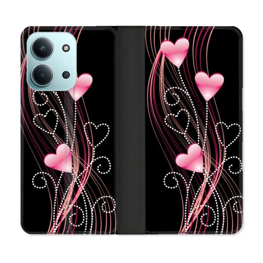 Housse cuir portefeuille Pour Xiaomi Redmi 15C 4G Amour Coeur Rose Montant sur Noir