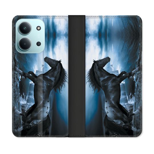 Housse cuir portefeuille Pour Xiaomi Redmi 15C 4G Animal Cheval Noir