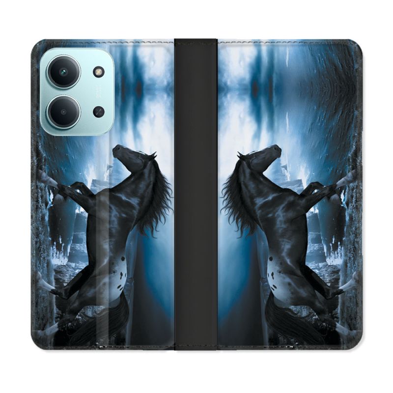 Housse cuir portefeuille Pour Xiaomi Redmi 15C 4G Animal Cheval Noir