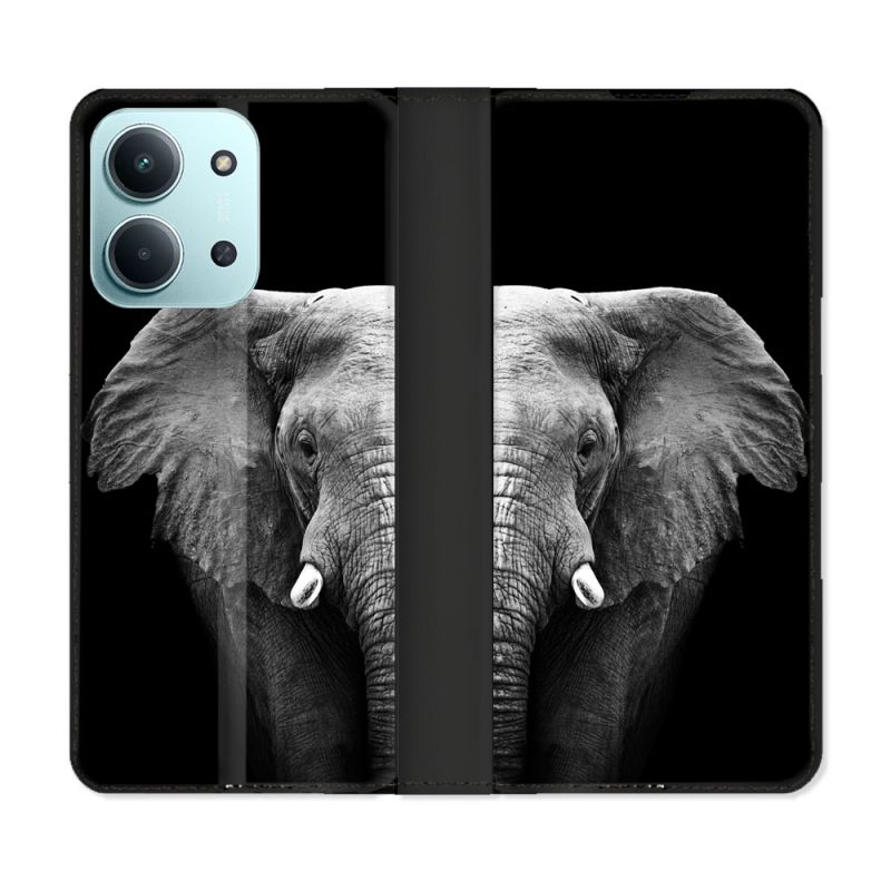 Housse cuir portefeuille Pour Xiaomi Redmi 15C 4G Animal Elephant Noir
