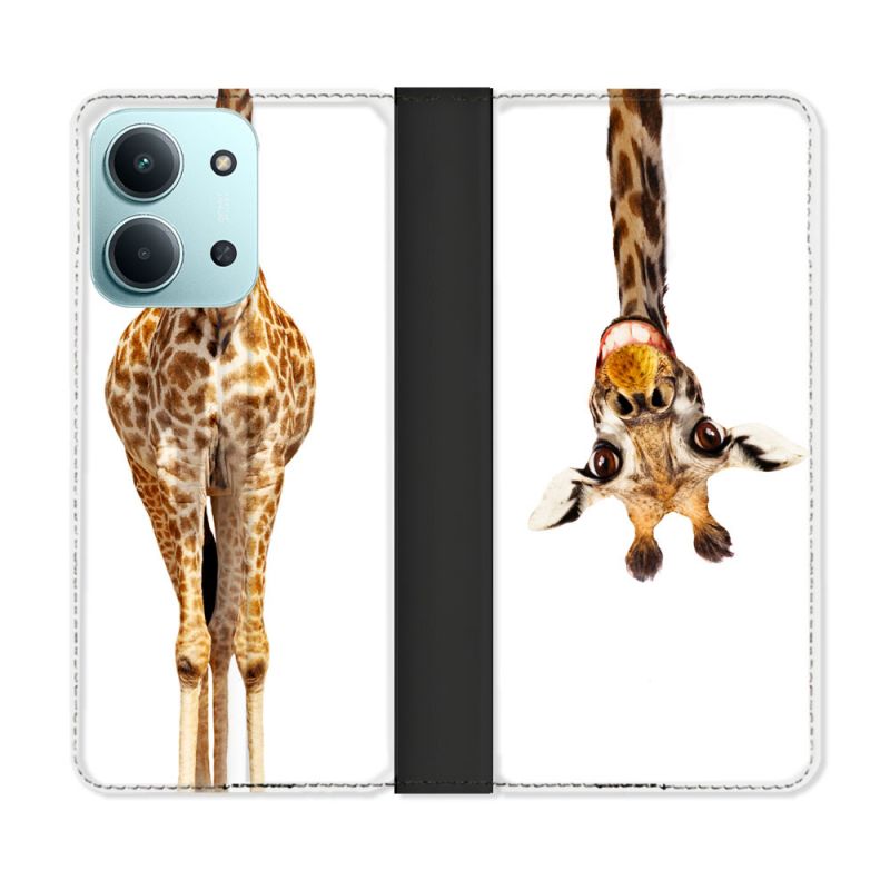 Housse cuir portefeuille Pour Xiaomi Redmi 15C 4G Animal Girafe Blanche