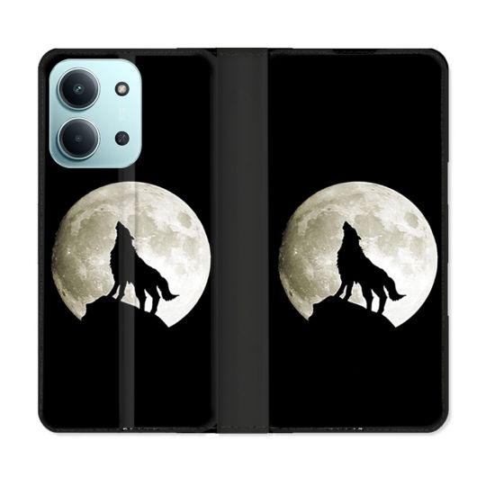 Housse cuir portefeuille Pour Xiaomi Redmi 15C 4G Animal Loup Noir