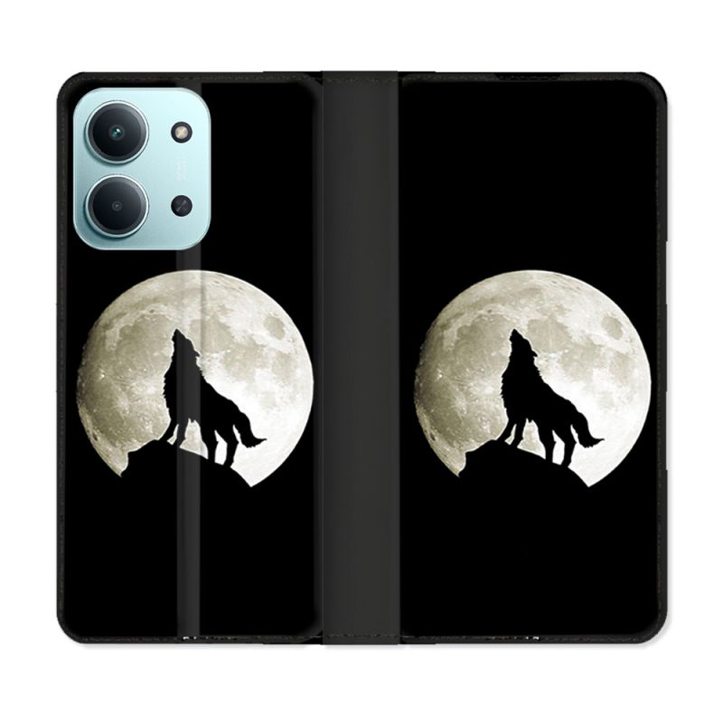 Housse cuir portefeuille Pour Xiaomi Redmi 15C 4G Animal Loup Noir
