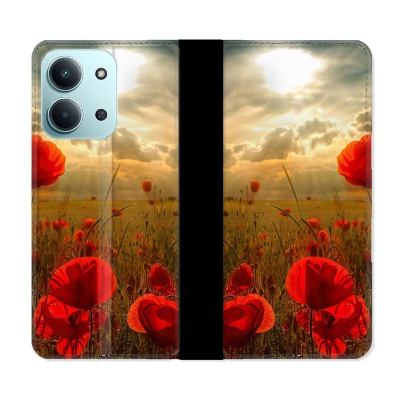 Housse cuir portefeuille Pour Xiaomi Redmi 15C 4G Fleur Coquelicot