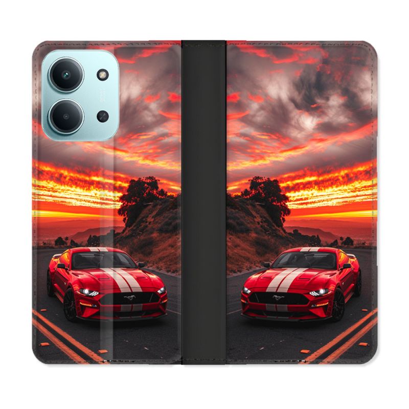 Housse cuir portefeuille Pour Xiaomi Redmi 15C 4G Ford Mustang GT500 Rouge