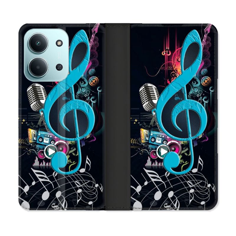 Housse cuir portefeuille Pour Xiaomi Redmi 15C 4G Musique Cle Sol Bleu