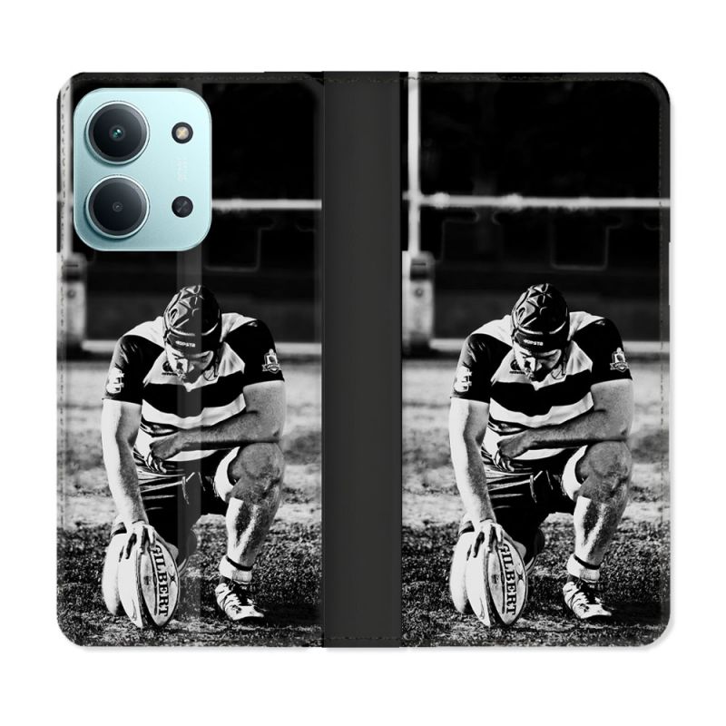 Housse cuir portefeuille Pour Xiaomi Redmi 15C 4G Sport Rugby Noir Blanc