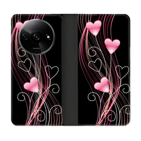 Housse cuir portefeuille Pour Xiaomi Redmi A3 Amour Coeur Rose Montant sur Noir