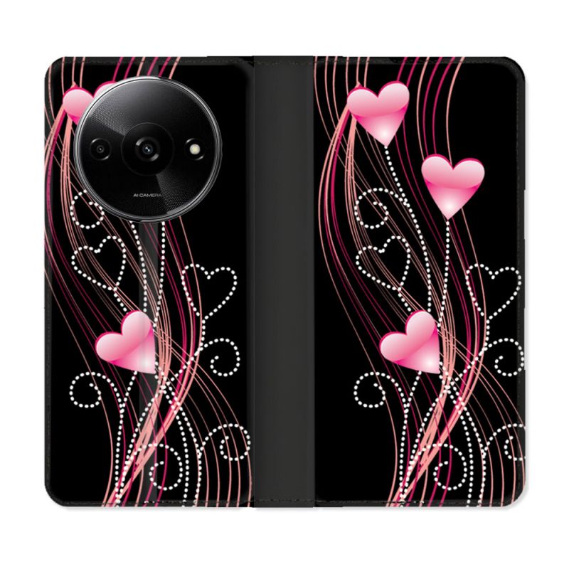 Housse cuir portefeuille Pour Xiaomi Redmi A3 Amour Coeur Rose Montant sur Noir