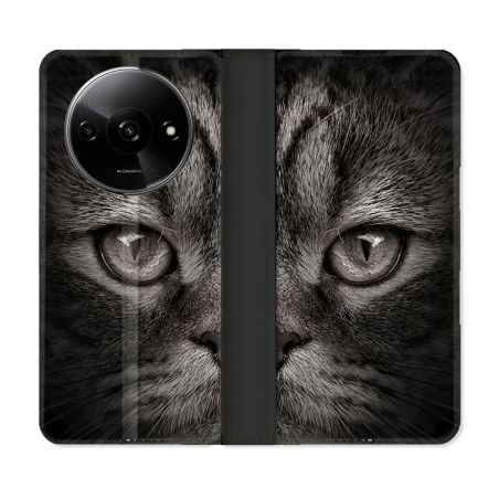 Housse cuir portefeuille Pour Xiaomi Redmi A3 Animal Chat Gris