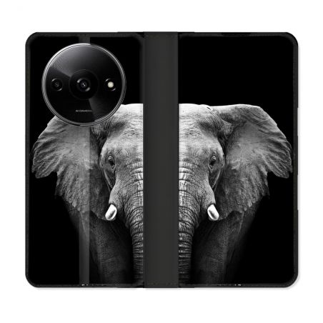 Housse cuir portefeuille Pour Xiaomi Redmi A3 Animal Elephant Noir